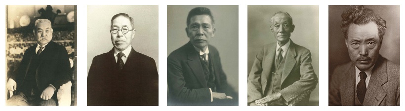 （左から）北島多一、志賀潔、秦佐八郎、宮島幹之助、野口英世